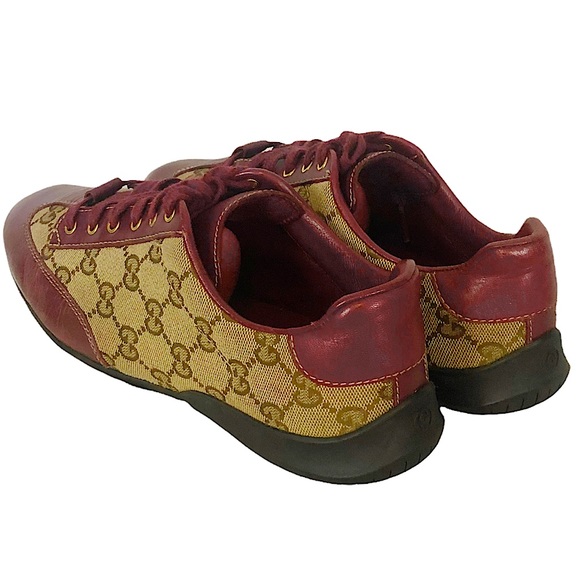 GUCCI Maroon Leather Tan Monogram Lace Up Sneakers 270105 - Picture 4 of 16